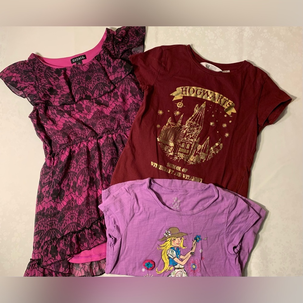 EUC Bundle: Boho Fuchsia Dress w Black Lacy Ruffles, Harry Potter & Boho Girl Ts